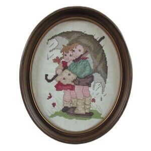 Hummel Children In the Rain Stormy Weather Completed Oval Framed Cross Stitch